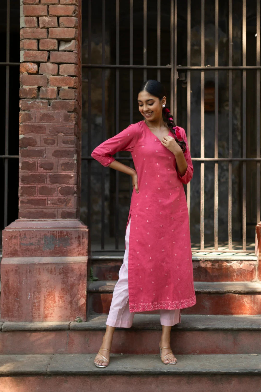 Flamingo Pink Pure South Cotton Woven Kurta Set with Dupatta