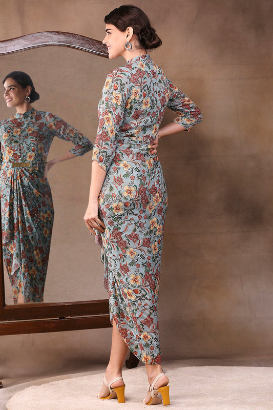Azalea Printed Sequin Drape Dress With Metal Belt