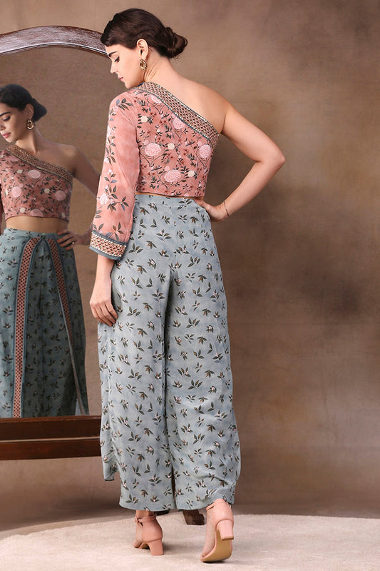 Vintage Trails Printed One Shoulder Embroidered Top With Pant