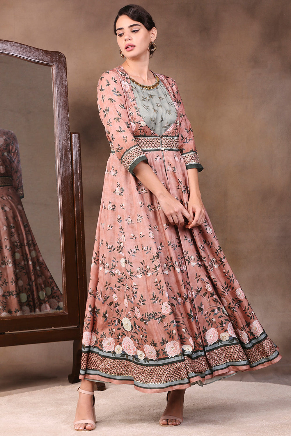 Vintage Trails Printed Two Layered Anarkali Dress S / Pink