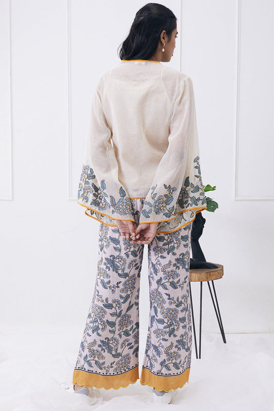 Cream Yasmin Printed Overlapped Top With Pants