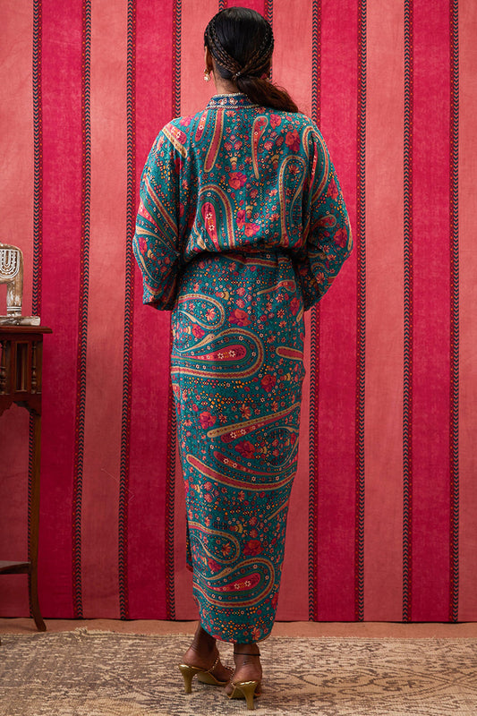 Qala Embroidered Drape Dress With Waist Tie-Up