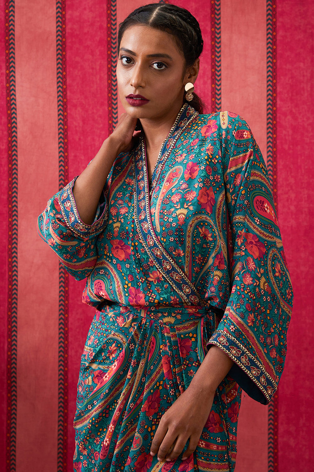 Qala Embroidered Drape Dress With Waist Tie-Up