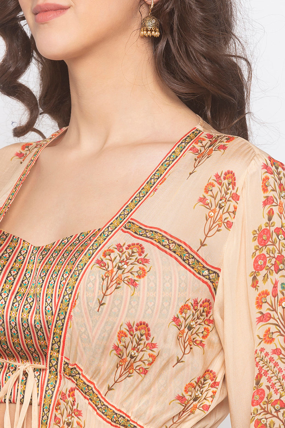 Printed Bustier And Pants Paired With Jacket.