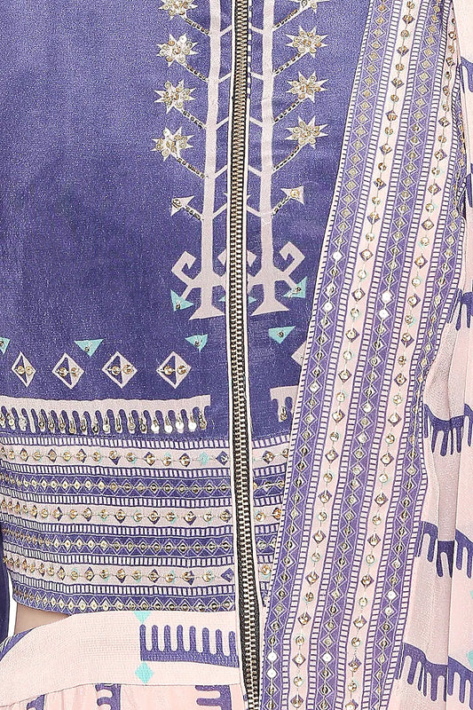 Blue & Pink Embroidered Printed Drape Saree