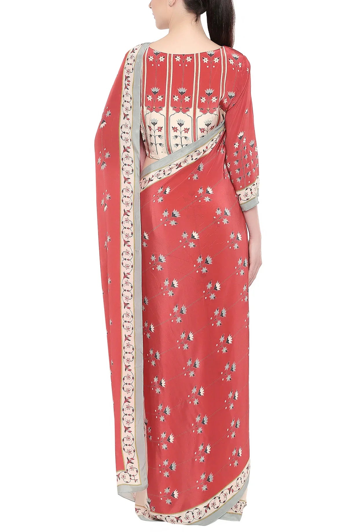 Red & Beige Crepe Printed Saree Set