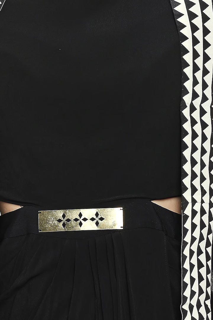 Black Drape Dress With White Embroidered Cape Jacket & Belt