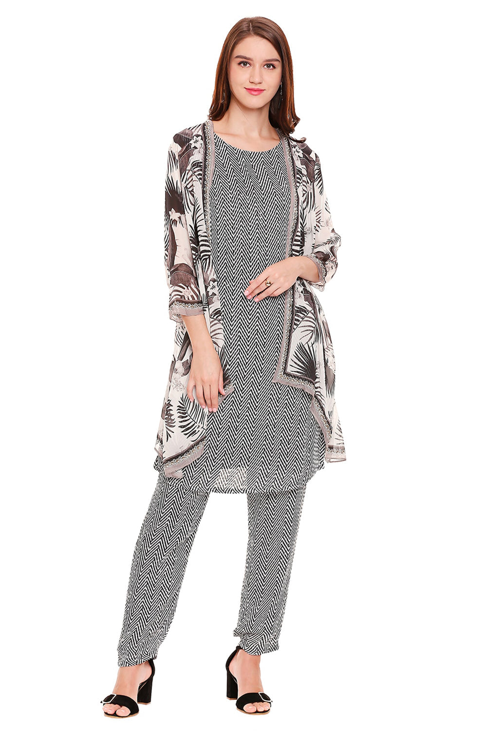 Pink Printed Top With Pants Gatheres At Waist And Bell Sleeves