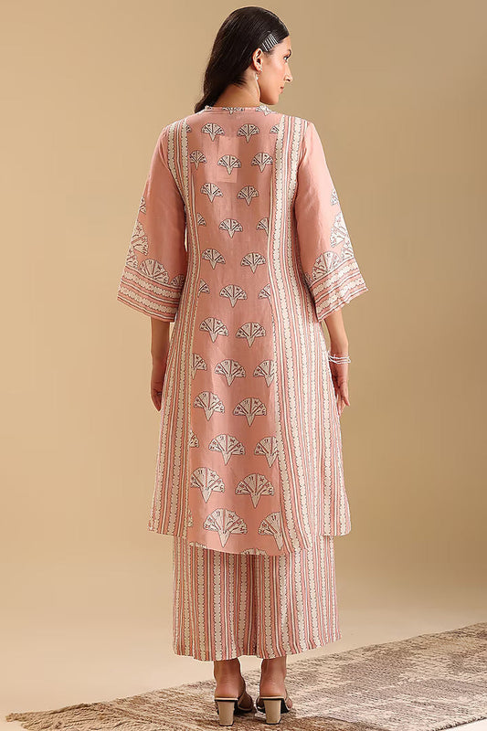 Peach Linen Cotton Embellished Straight Kurta Set
