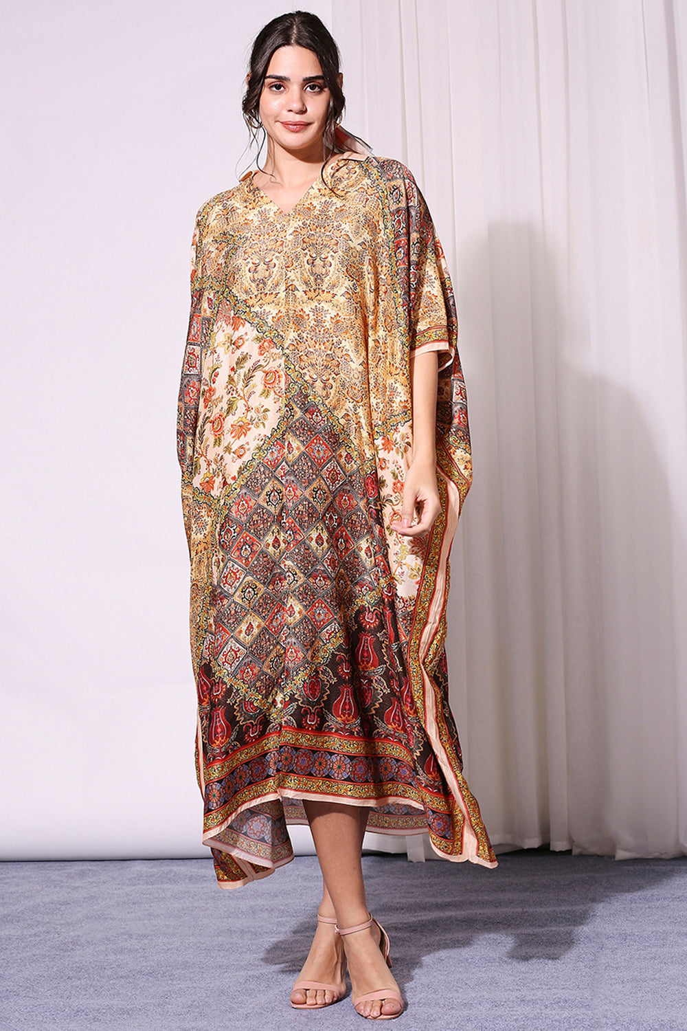 Golden Applique Printed Silk Kaftan Dress