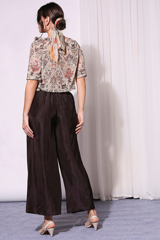 Beige Printed Sequin Off-Shoulder Top Paired With Pants