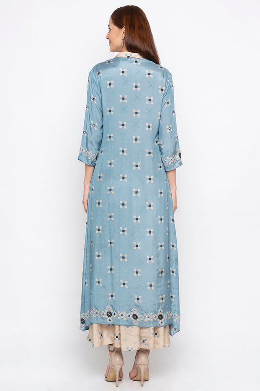 Printed Long Jacket With Pleated Dress.