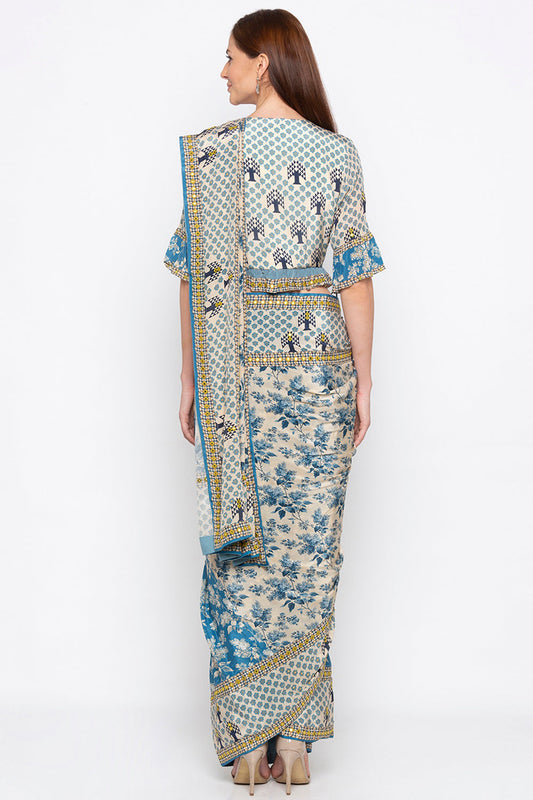 Applique Printed Pre-Stitched Saree With Blouse