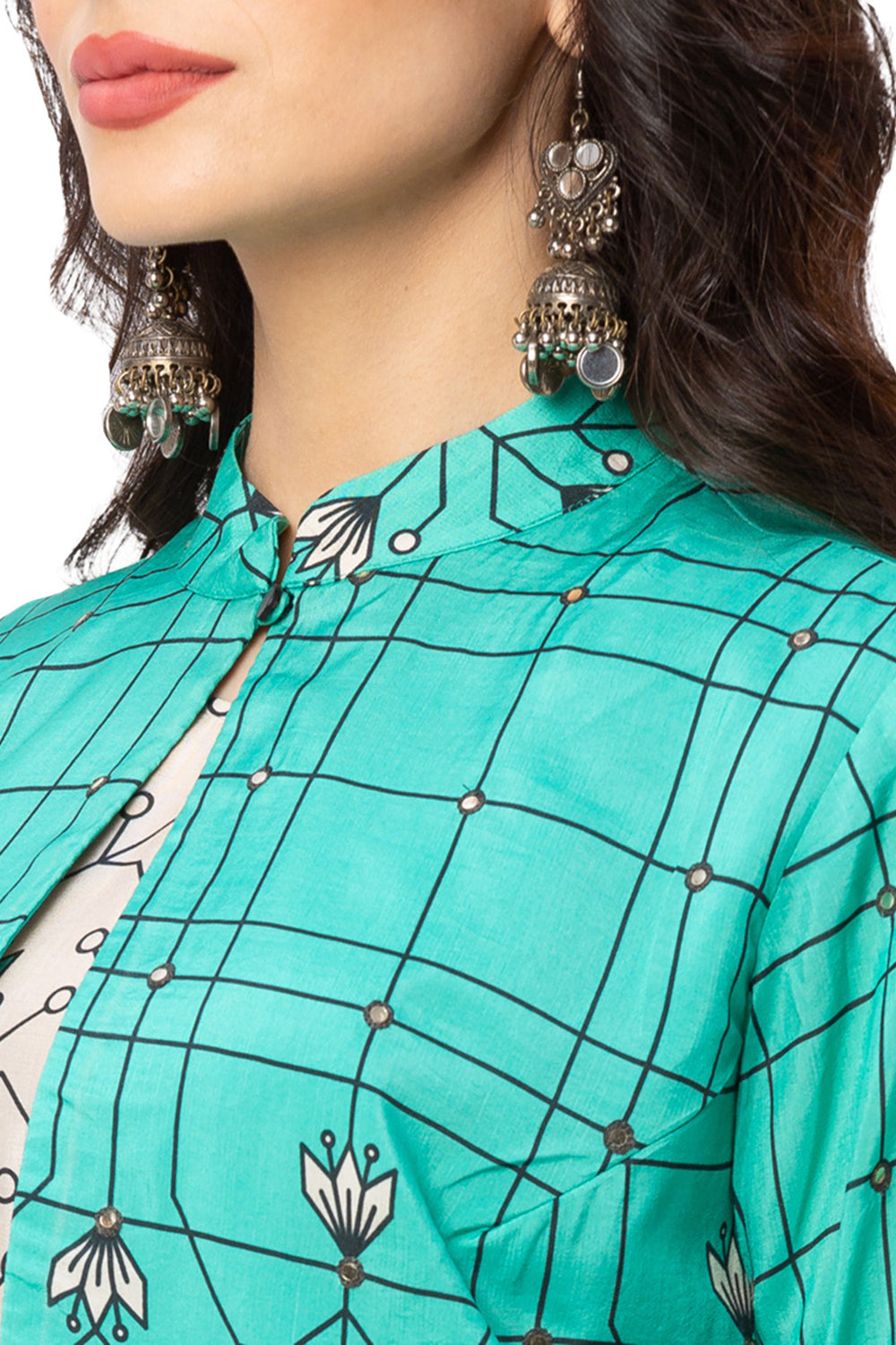 Turquoise Printed Asymmetrical Dress With Jacket