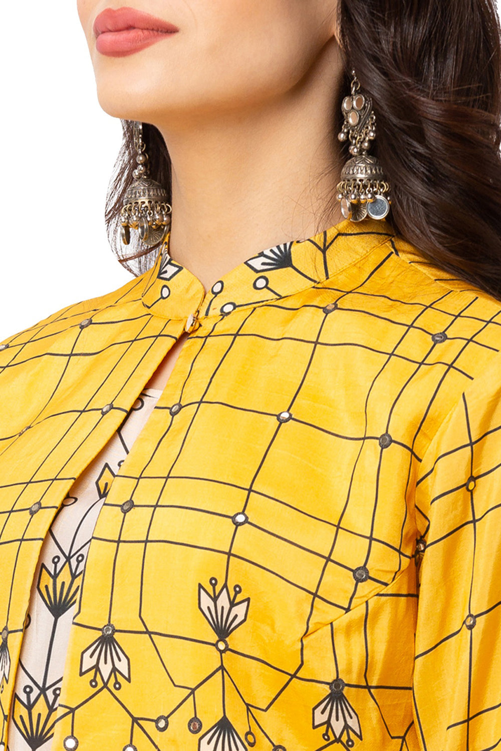 Mustard Asymmetrical Printed Dress With Jacket