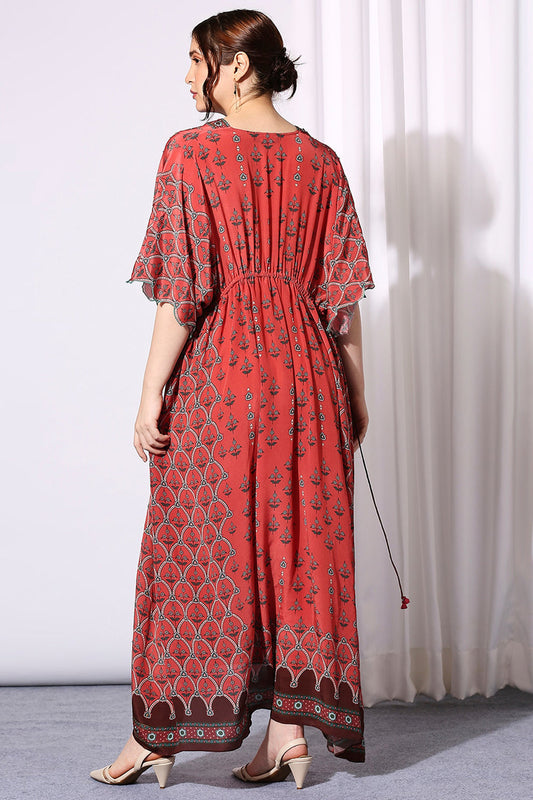 Ethnic Folklore Kaftan Dress With Waist Tie-Up