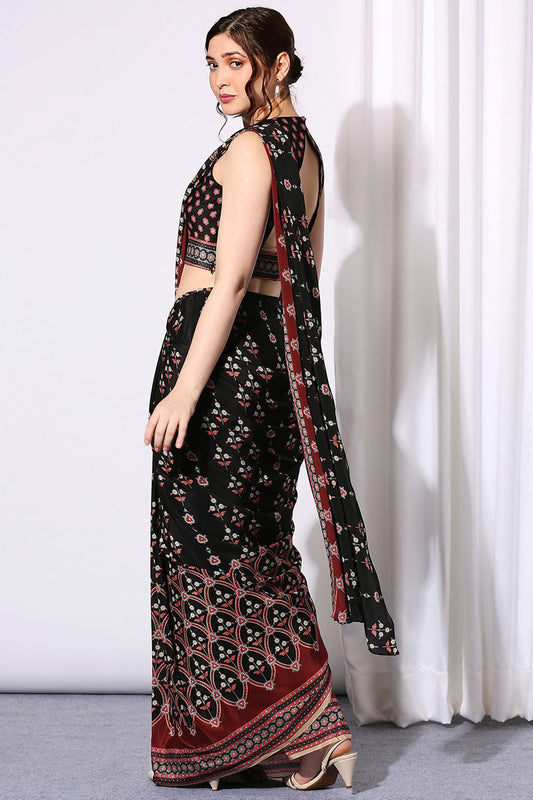Ethnic Folklore Printed Pre Stitched Saree With Incut Blouse Which Has Back Opening