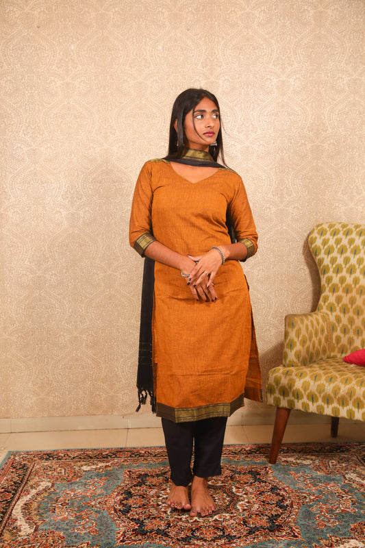 Maya - Kurti Set in Mangalagiri cotton in Mustard Color