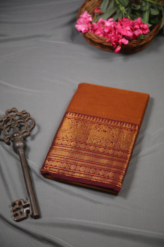 Varnam - Saree (Unstitched) in Brown in Kanchi Cotton
