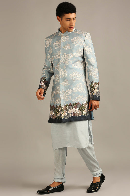 Cloud printed longline jacket with kurta set