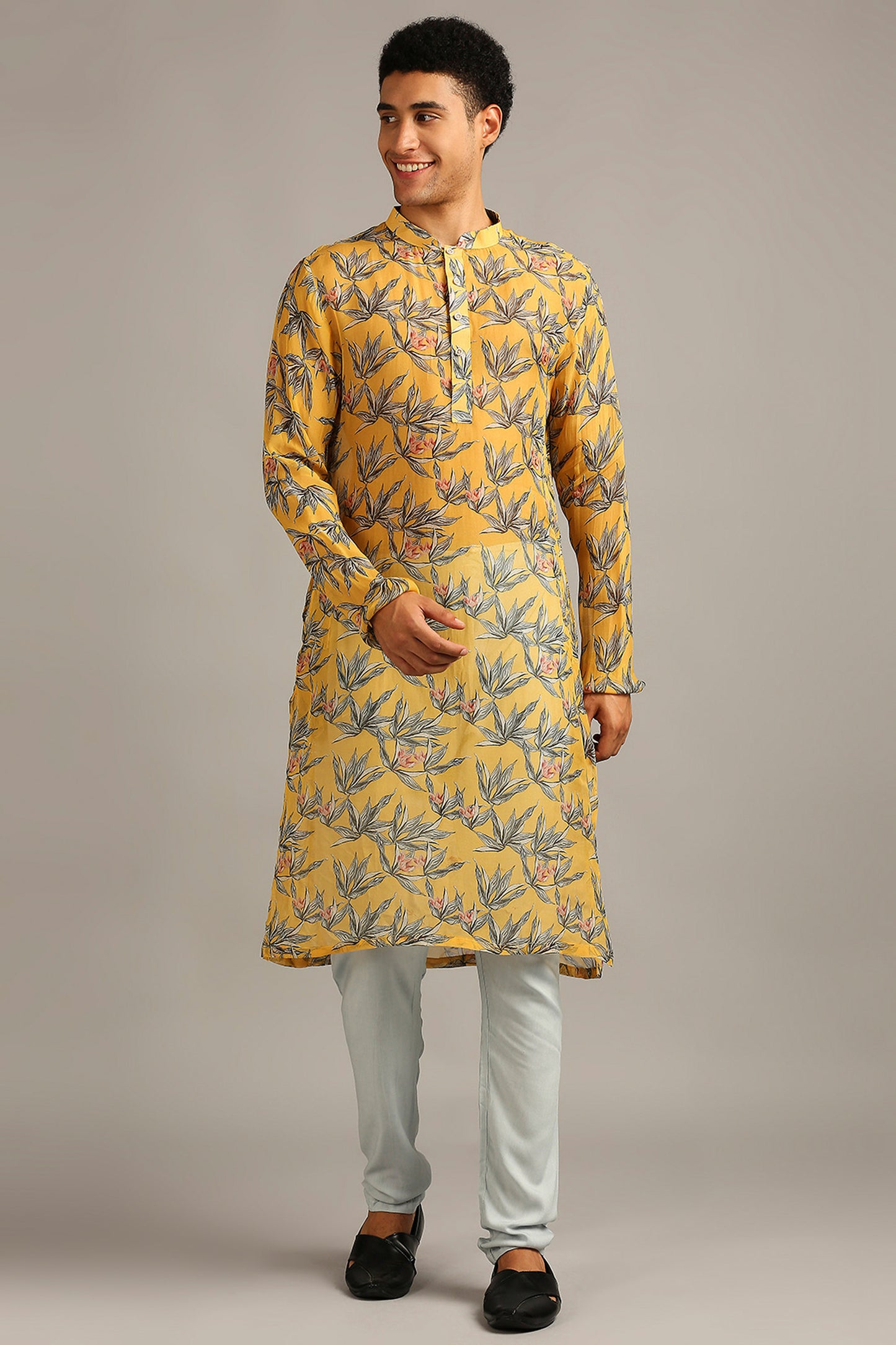 Anthia Yellow floral printed bundi with kurta set