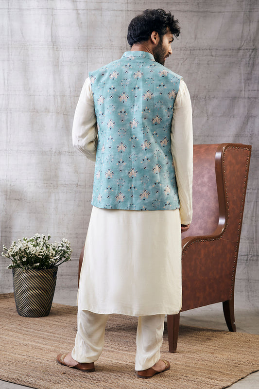 Sarouk Beige Printed Bundi With Kurta Set