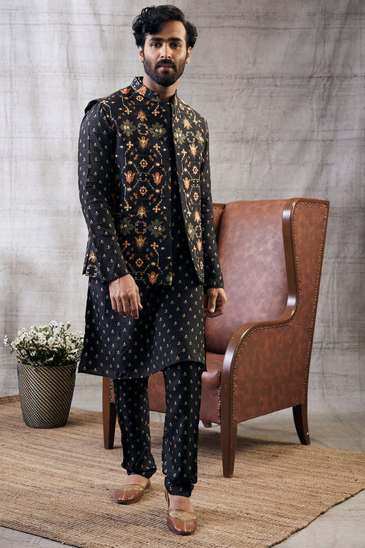 Zahra Black Printed Bundi With Kurta Set