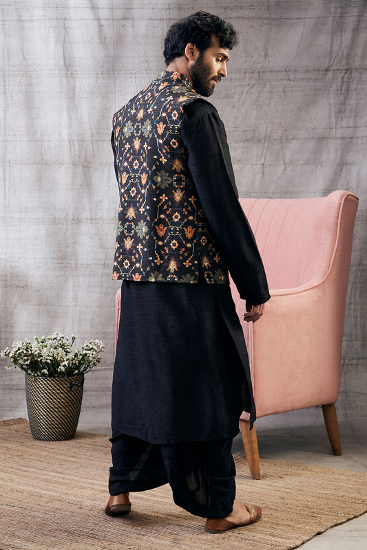 Zahra Black Printed Bundi With Kurta Set