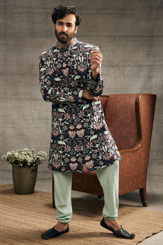 Pastel floral printed sherwani set
