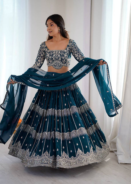 Dark Blue Faux Georgette Sequins Embroidery Engagement Lehenga