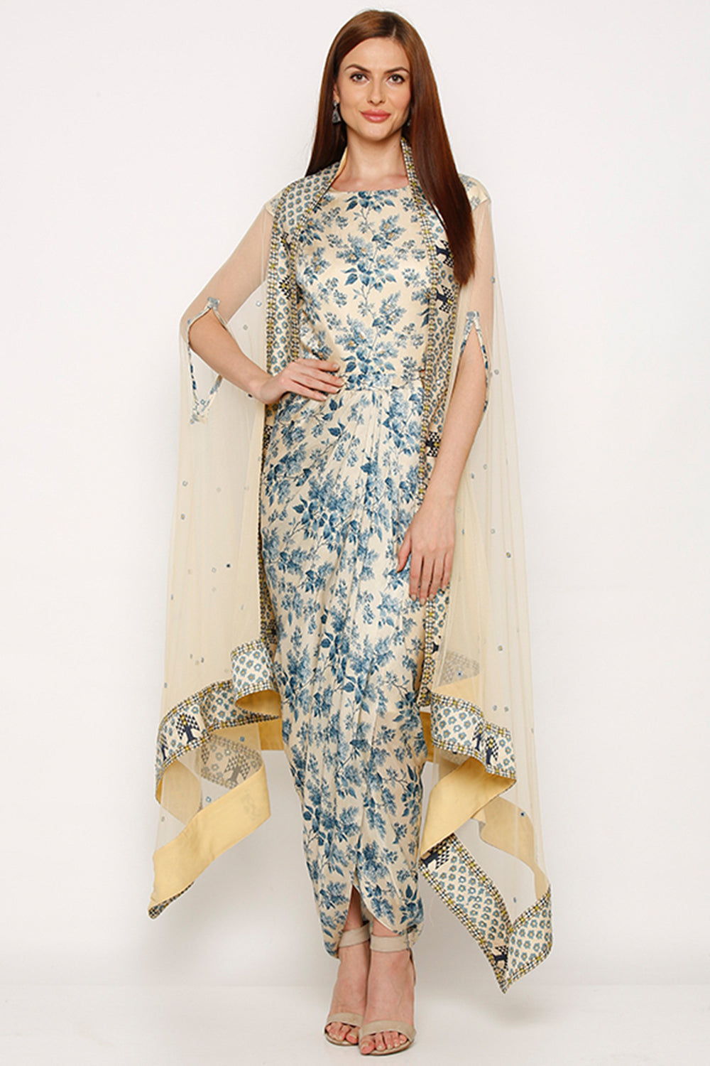 Applique Printed Dress With Cape