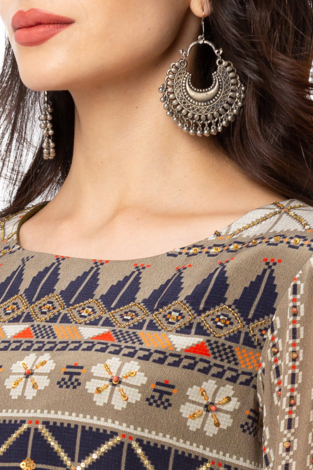 Printed Embroidred Crop Top With Skirt