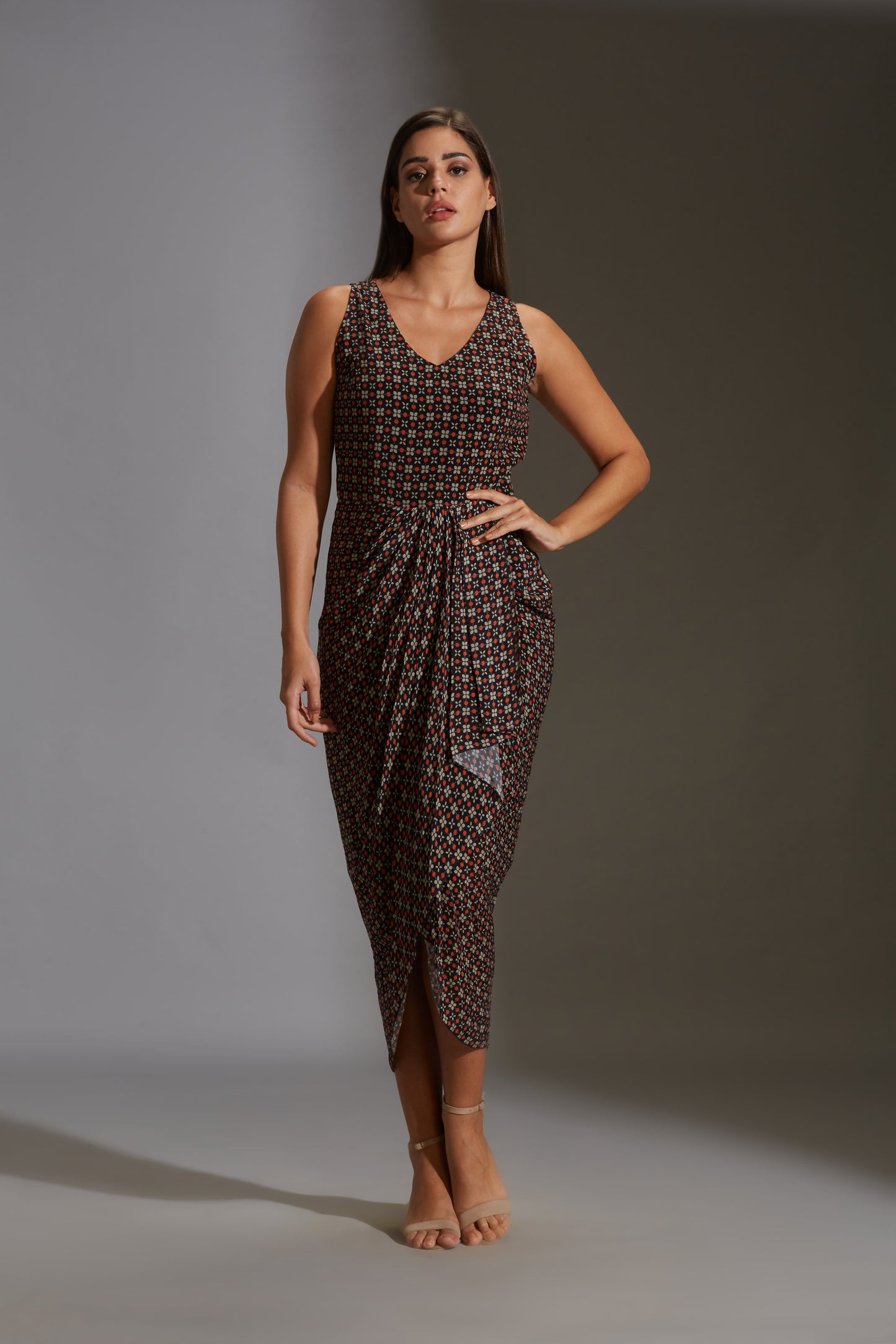 Arabesque Geometrical Drape Dress With Frill Top