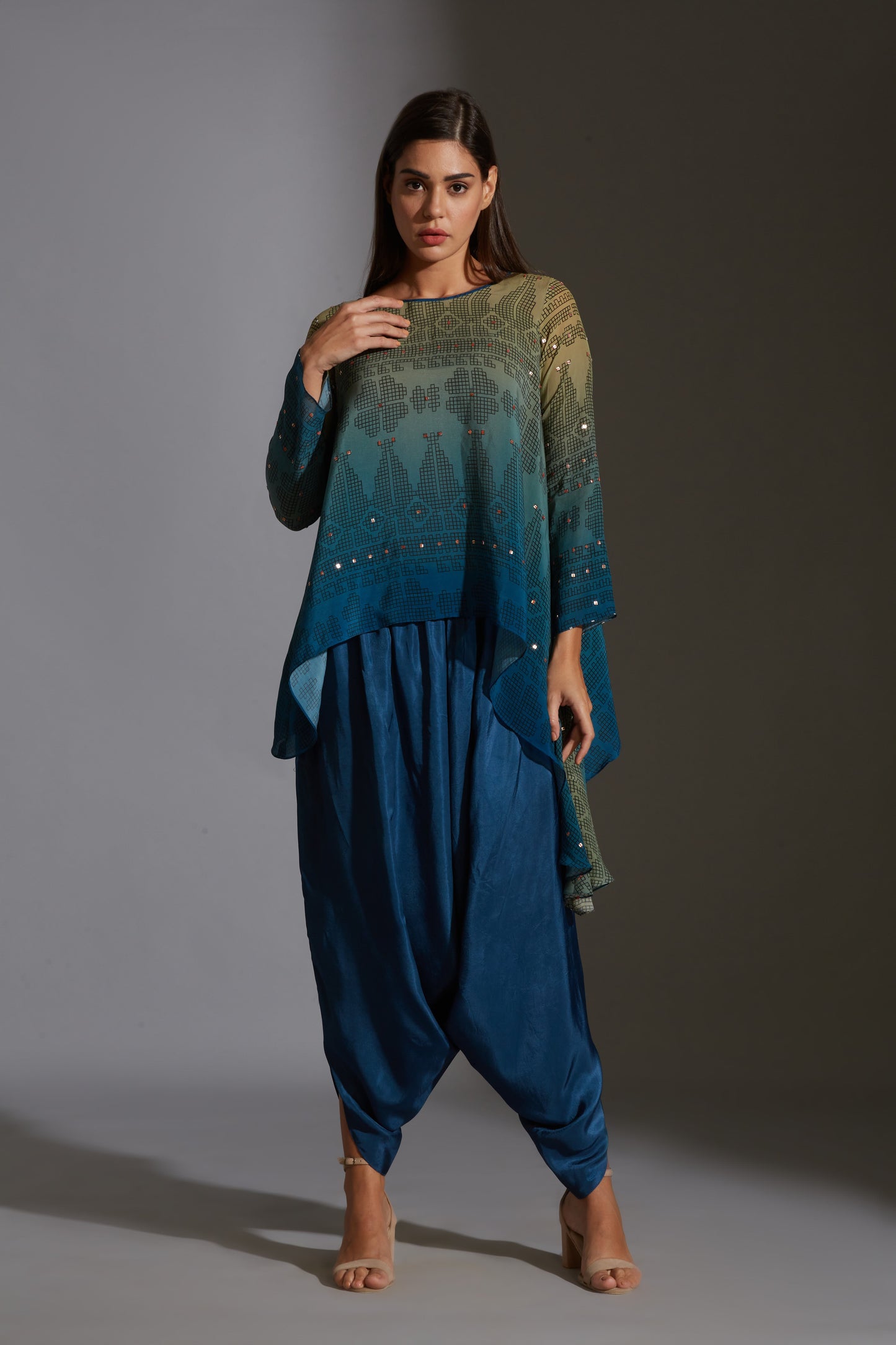 Rangrez Ombre Asymmetrical Top And Dhoti