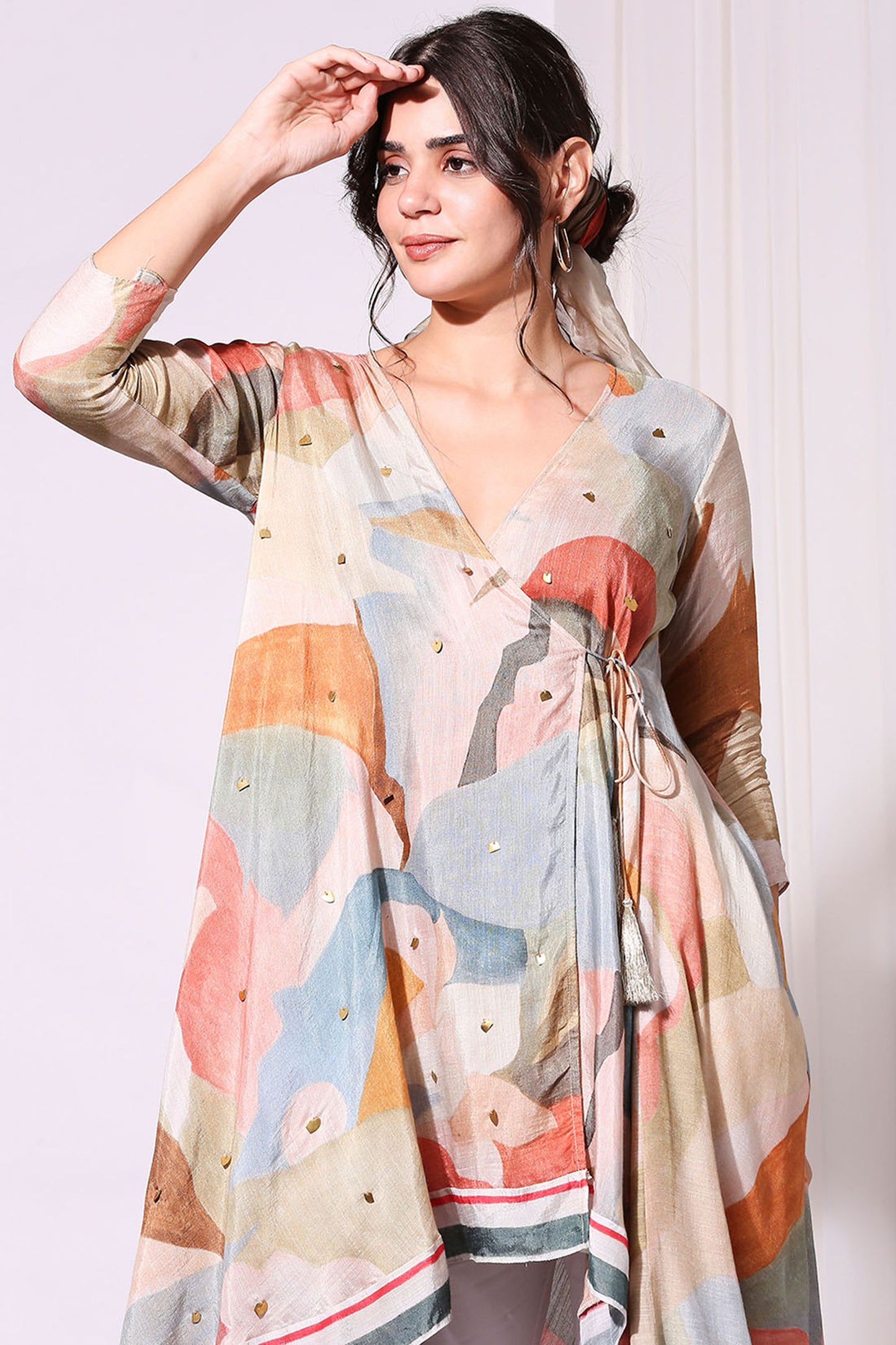 Multi colour Muslin Slub Conversational Overlap Top And Pants