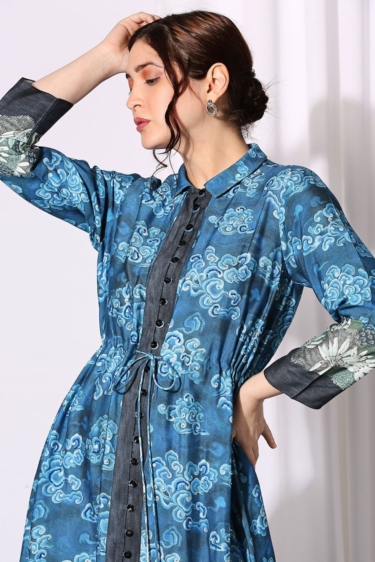 Conversational Printed Dress With Front Opening And Waist Tie Ups