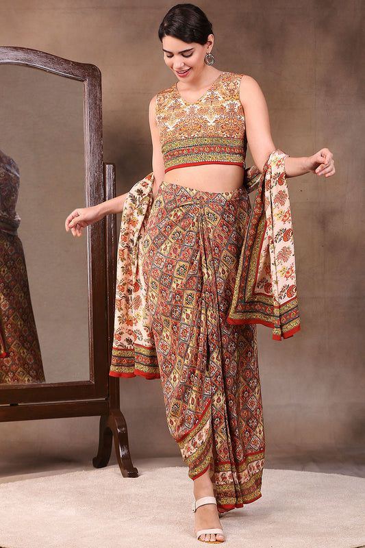sand beige Crepe Ethnic Folklore Printed Drape Skirt Set With Dupatta