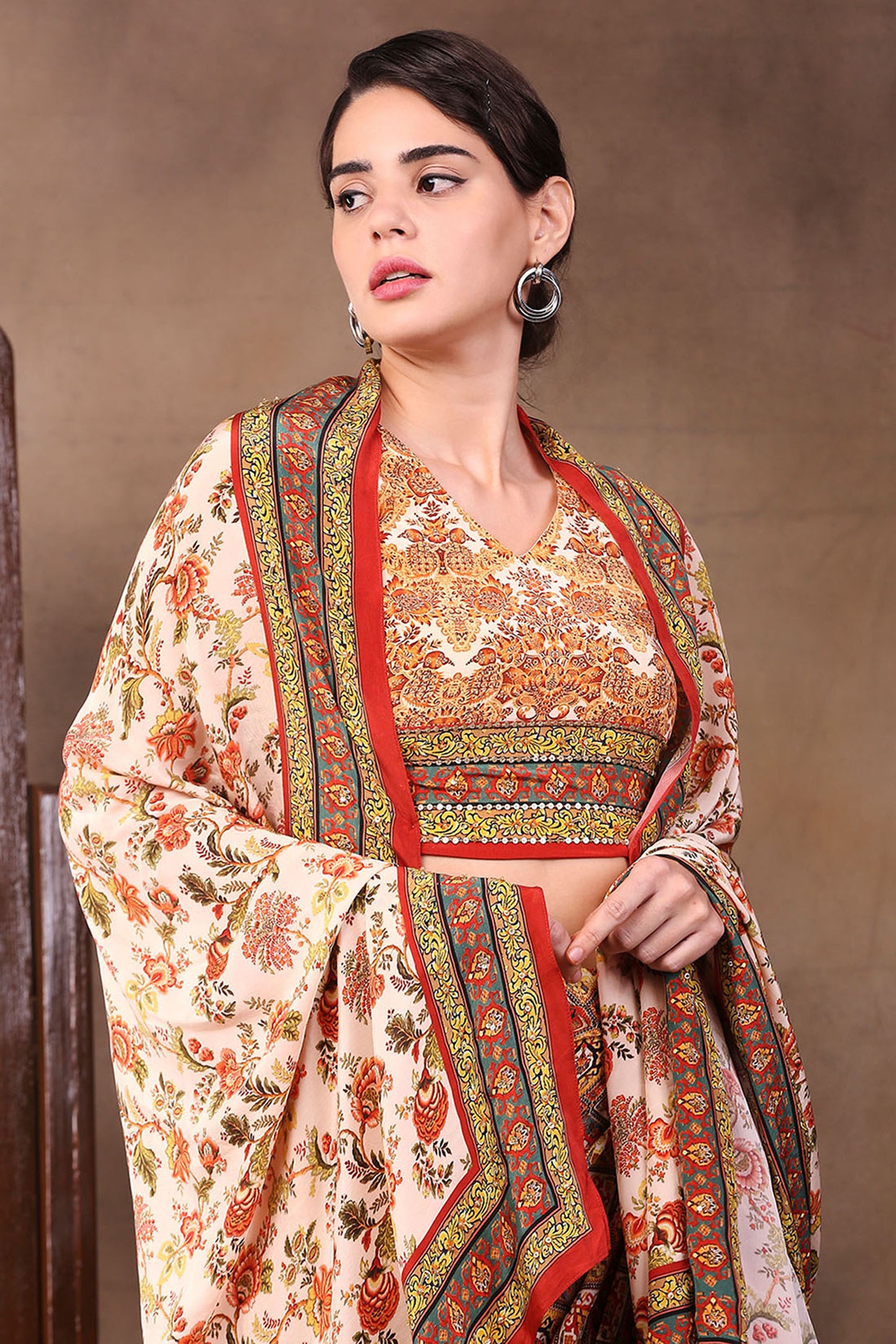 sand beige Crepe Ethnic Folklore Printed Drape Skirt Set With Dupatta