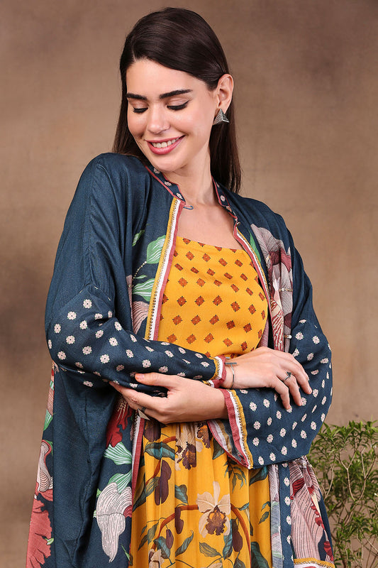 Mustard and bottle green Orchid Bloom Printed Long Dress With Jacket