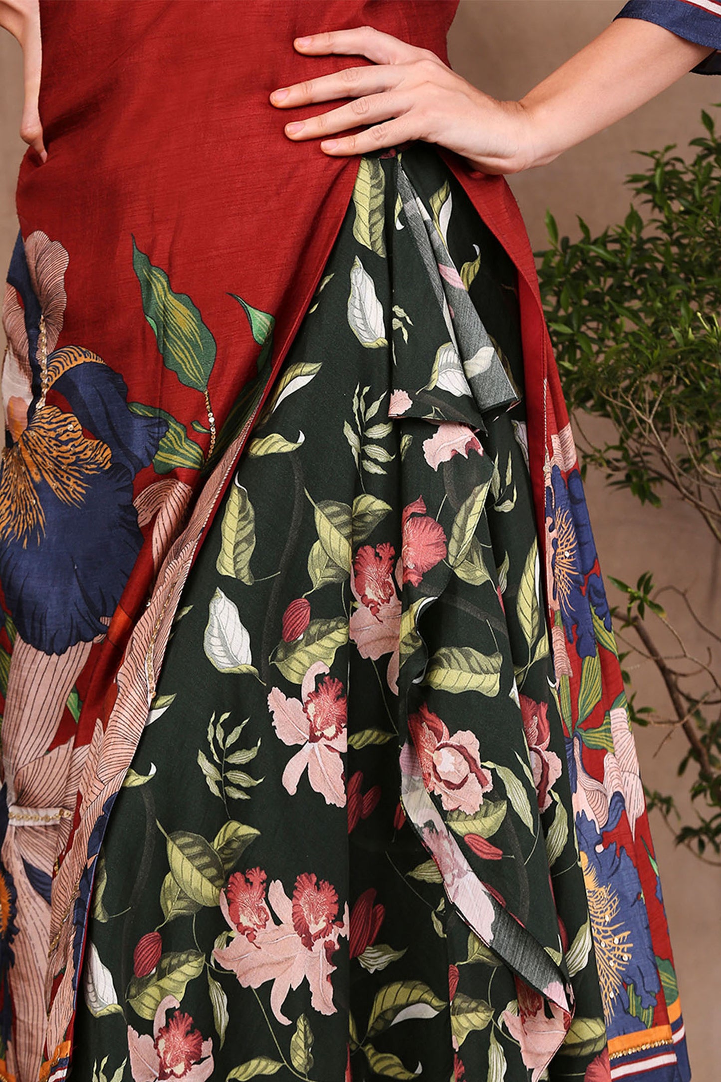 Maroon Malaysian Silk Orchid Bloom Printed Kurta With Draped Pants