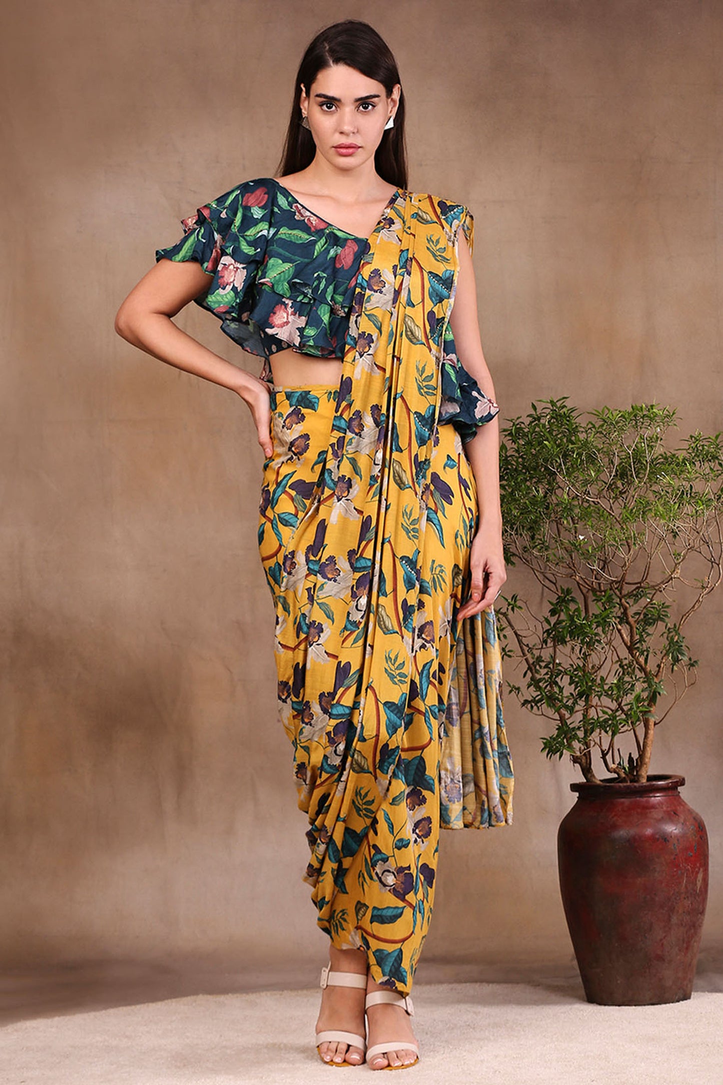 Yellow Muslin Slub Orchid Bloom Printed Pre-Stitched Saree With Crop Top