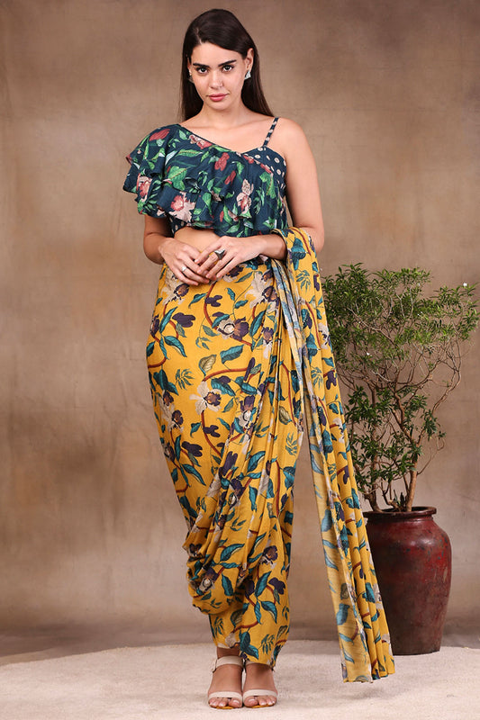 Yellow Muslin Slub Orchid Bloom Printed Pre-Stitched Saree With Crop Top