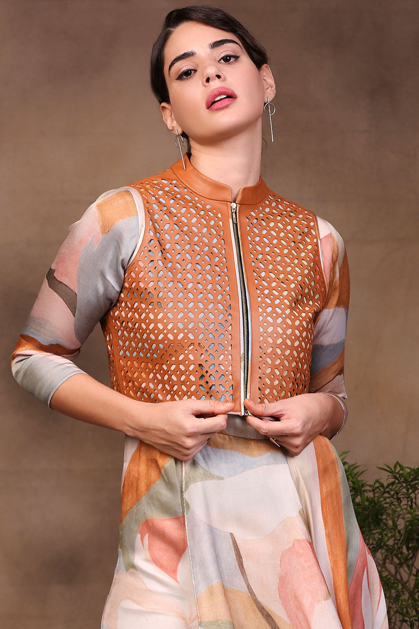 Multi color Satin, Leather Conversational Printed Jumpsuit With Leather Jacket