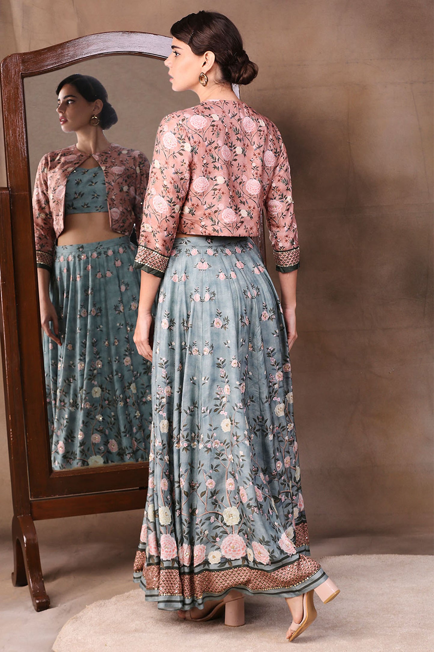 Peach and Green Muslin Slub Vintage Trails Printed Skirt Set With Embroidered Jacket