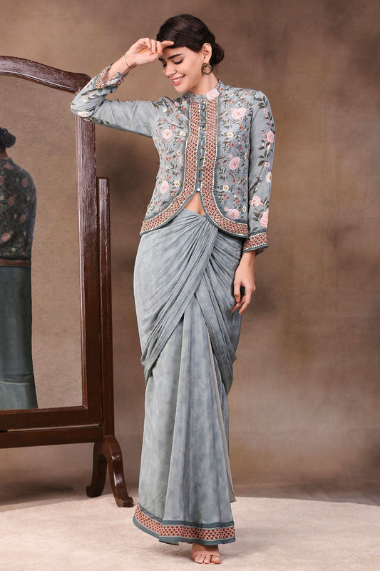 Green Crepe Vintage Trails Printed Drape Skirt With Embroidered Top