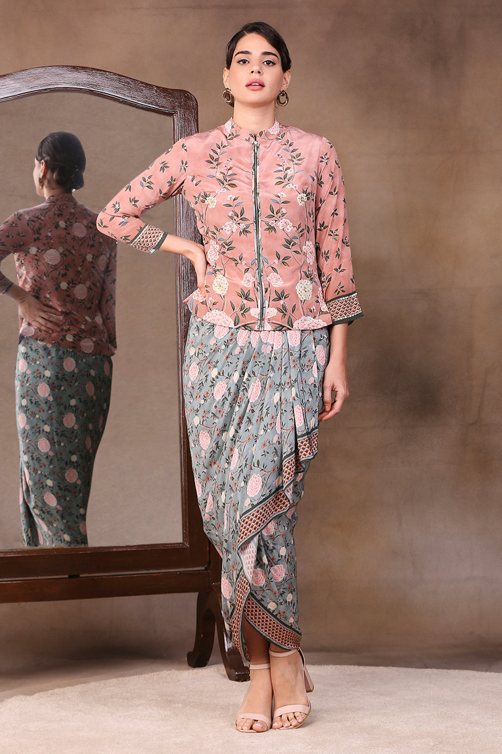 Vintage Trails Printed Drape Skirt With Embroidered Jacket