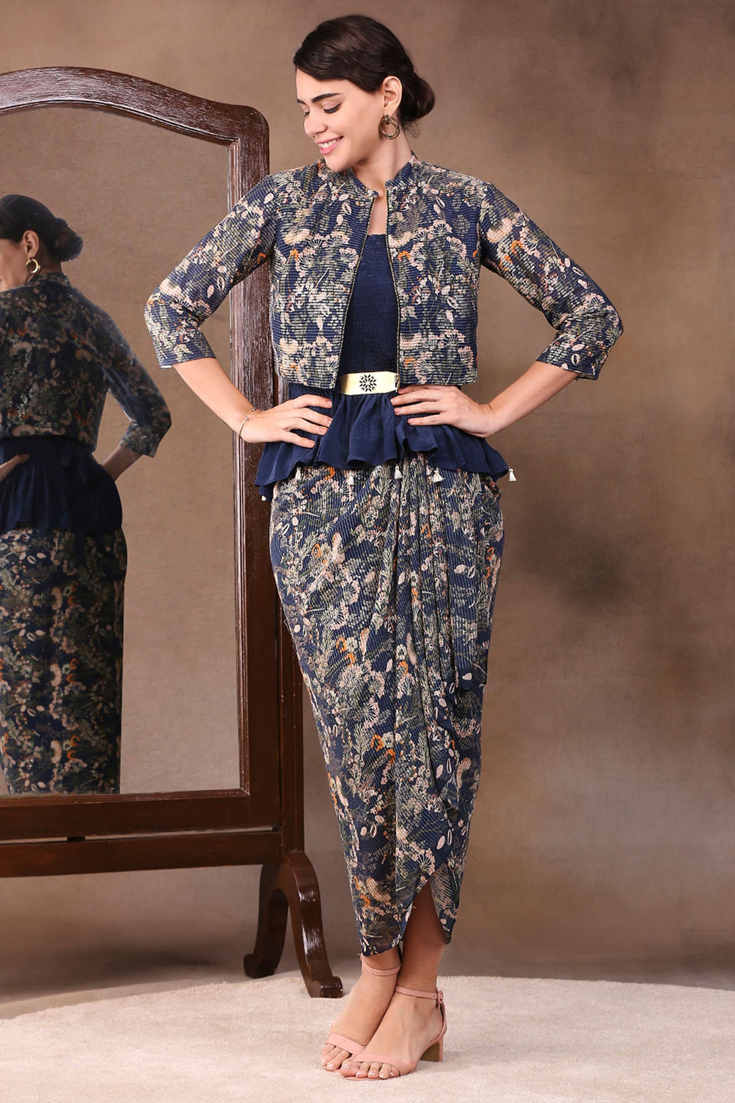 Azalea Printed Drape Skirt Set With Short Jacket