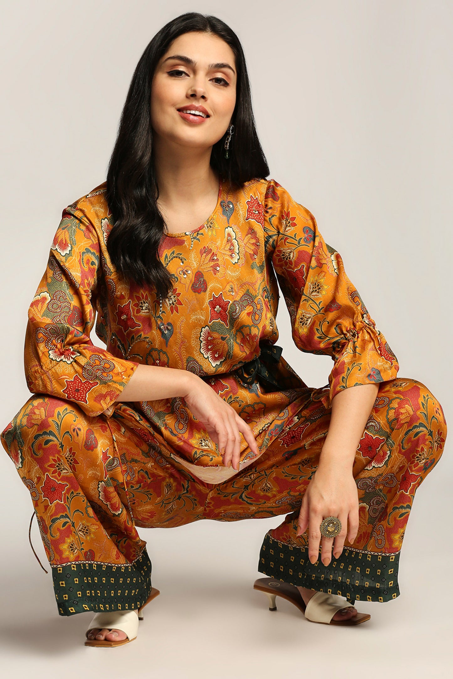 Batik printed pant set with belt