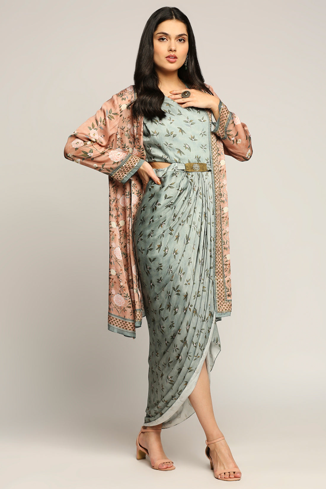 Vintage Trails Printed Drape Dress With Jacket