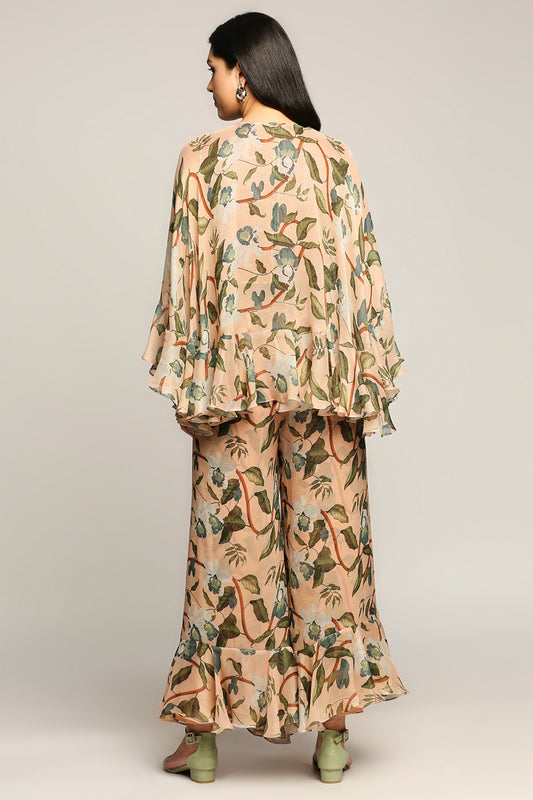 Orchid bloom printed ruffle pant set with cape